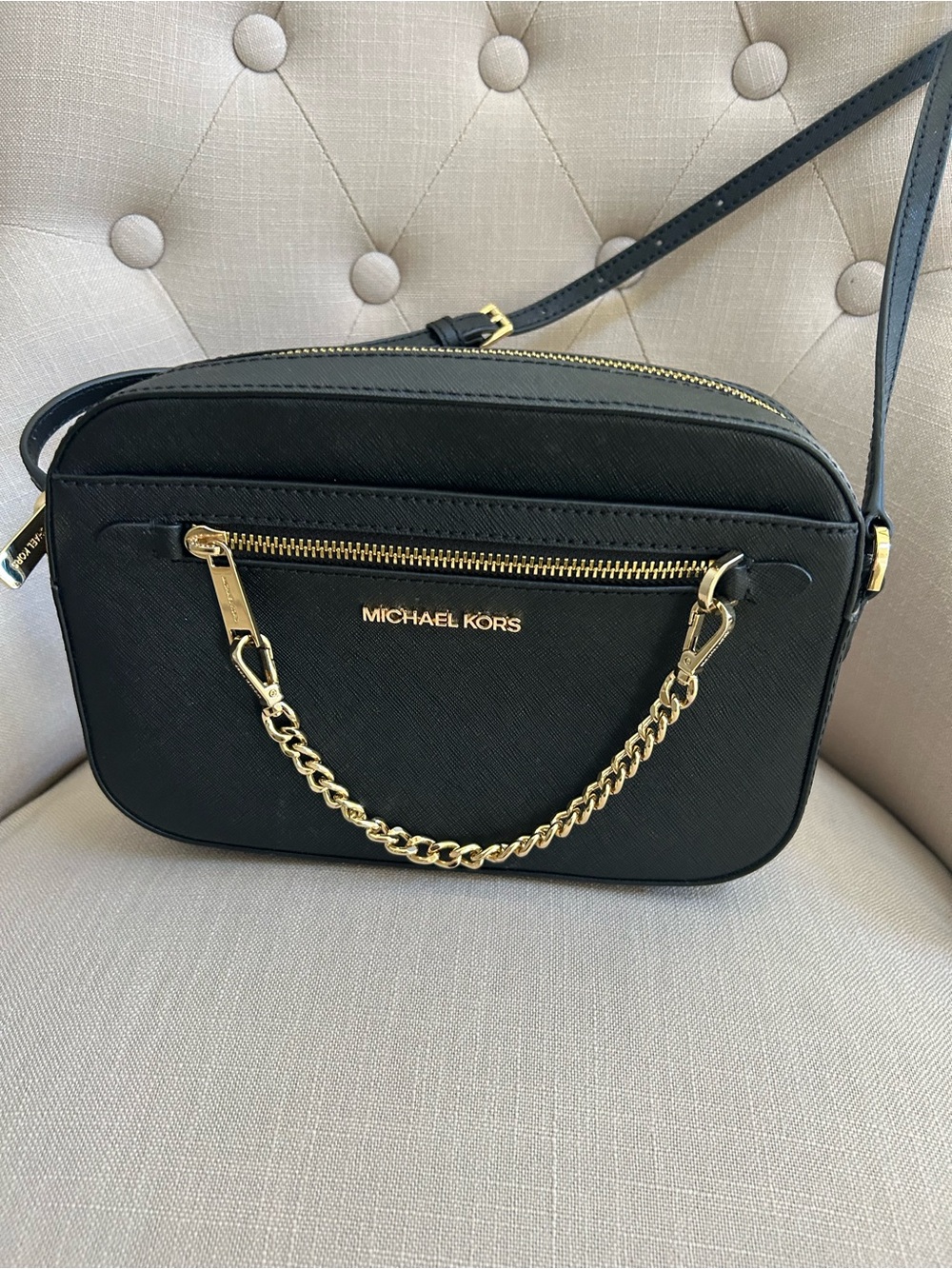 Michael Kors Black Crossbody Camera Bag with Gold Chain Detail